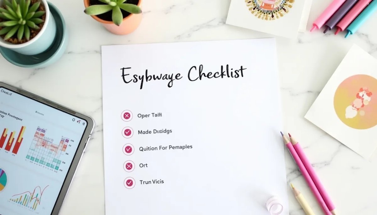 An SEO optimization checklist on a desk with a tablet showing analytics charts, surrounded by colorful pens and small plants