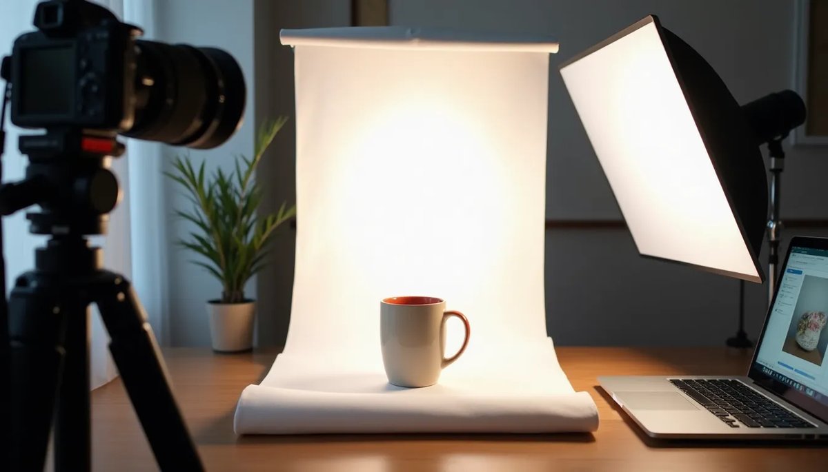 A product photography setup with a mug on a white backdrop, professional lighting with softboxes, a DSLR camera on a tripod, and a laptop showing the listing preview