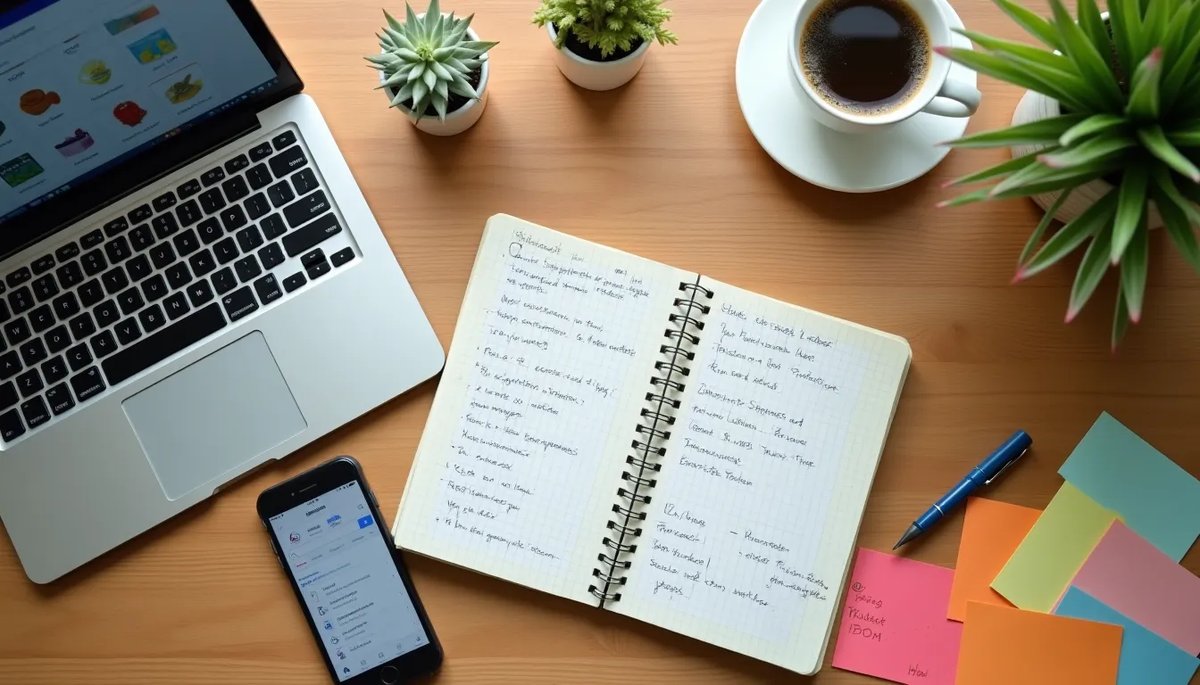 An Etsy seller's workspace with a laptop showing search analytics, a notebook with keyword research notes, and colorful sticky notes for SEO planning