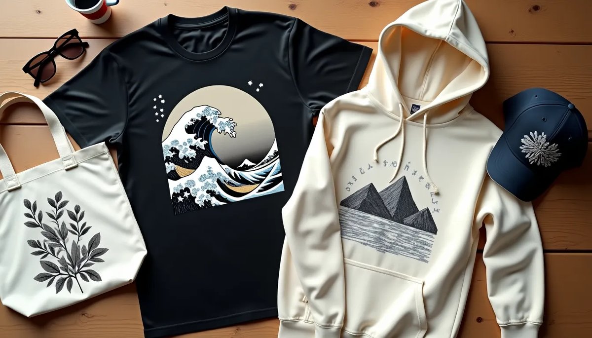 Print-on-demand apparel flat-lay: t-shirt with Japanese wave art, hoodie with mountain design, tote bag, and cap