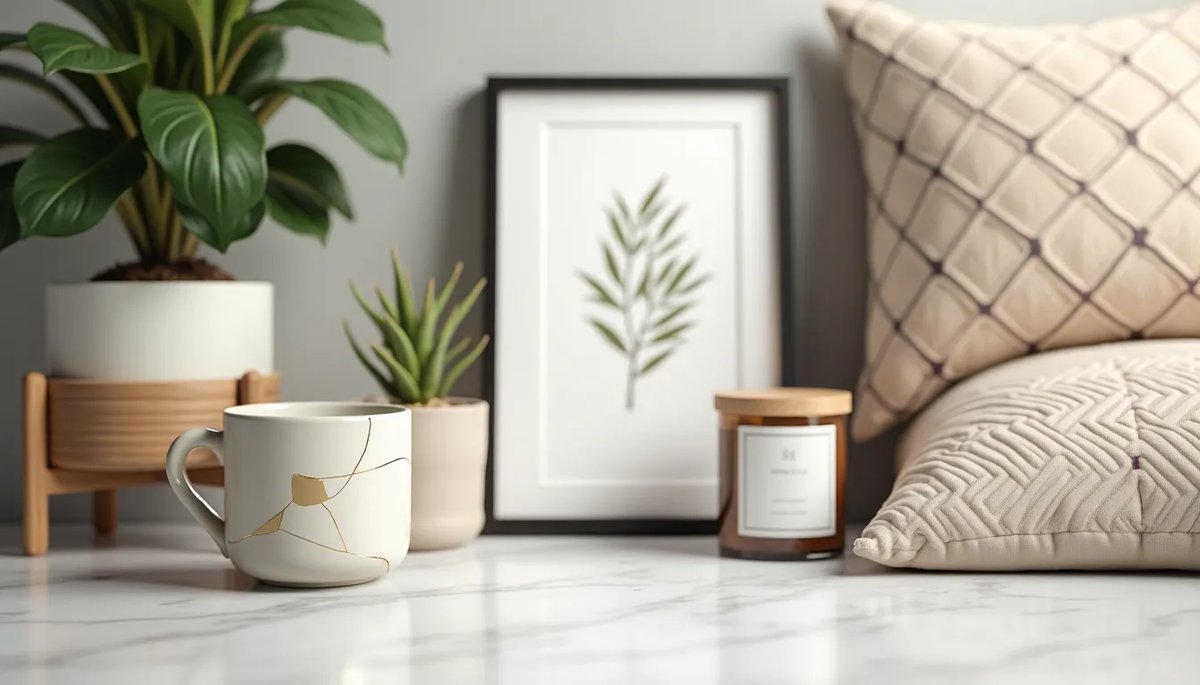 Print-on-demand home decor products including a kintsugi mug, botanical wall art, decorative pillow, and candle