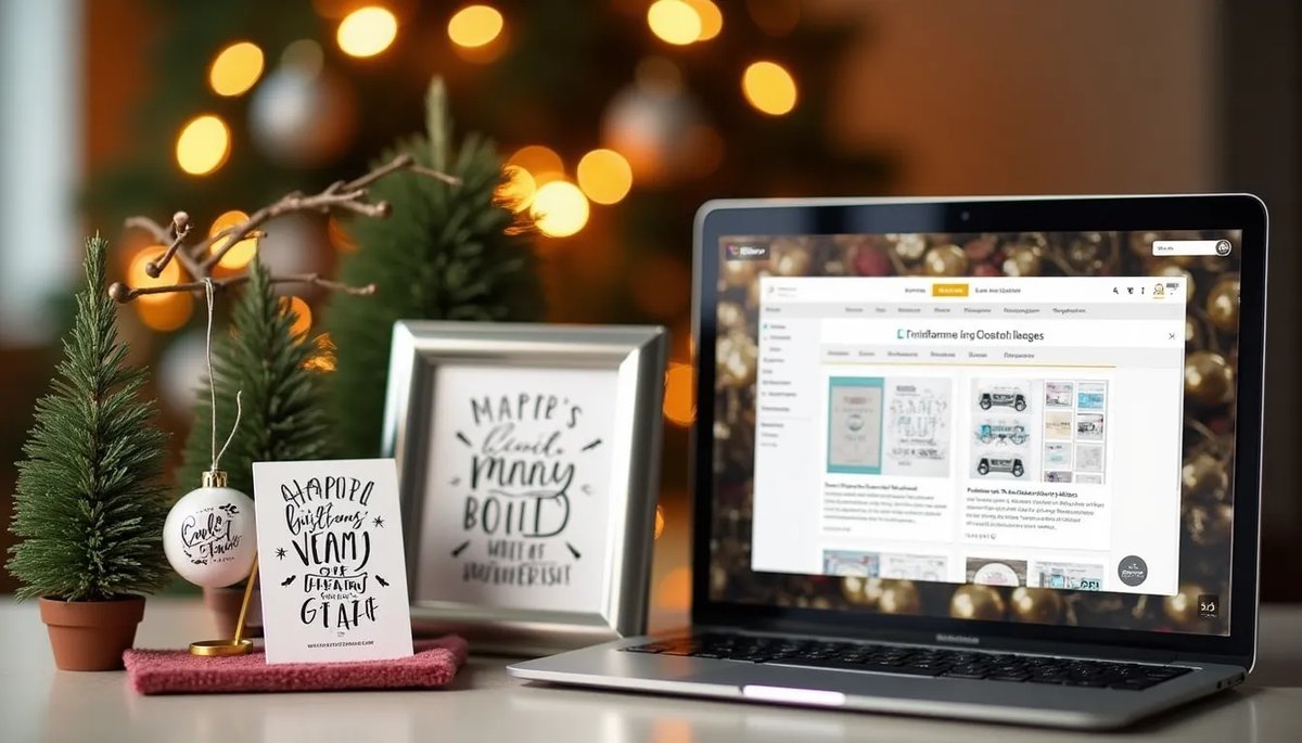Seasonal POD products and digital downloads: Christmas ornaments, greeting cards, and digital product marketplace on laptop