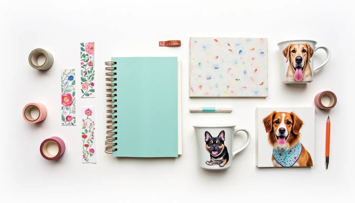 Print-on-demand stationery and pet products: notebooks, bookmarks, washi tape, breed-specific mugs, and pet bandanas